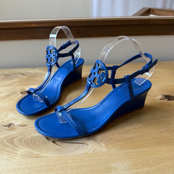 TORY BURCH MILLER WEDGE SANDALS DOUBLE T LOGO T STRAP LEATHER SLINGBACK BLUE 10 - Picture 2 of 12